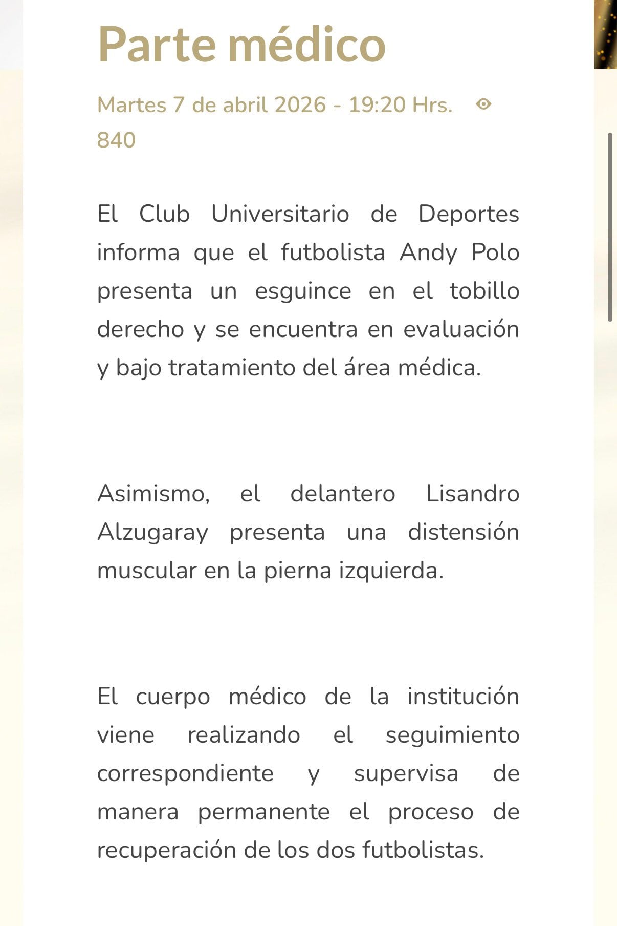 Parte médico de Universitario sobre las lesiones de Andy Polo y Lisandro Alzugaray.