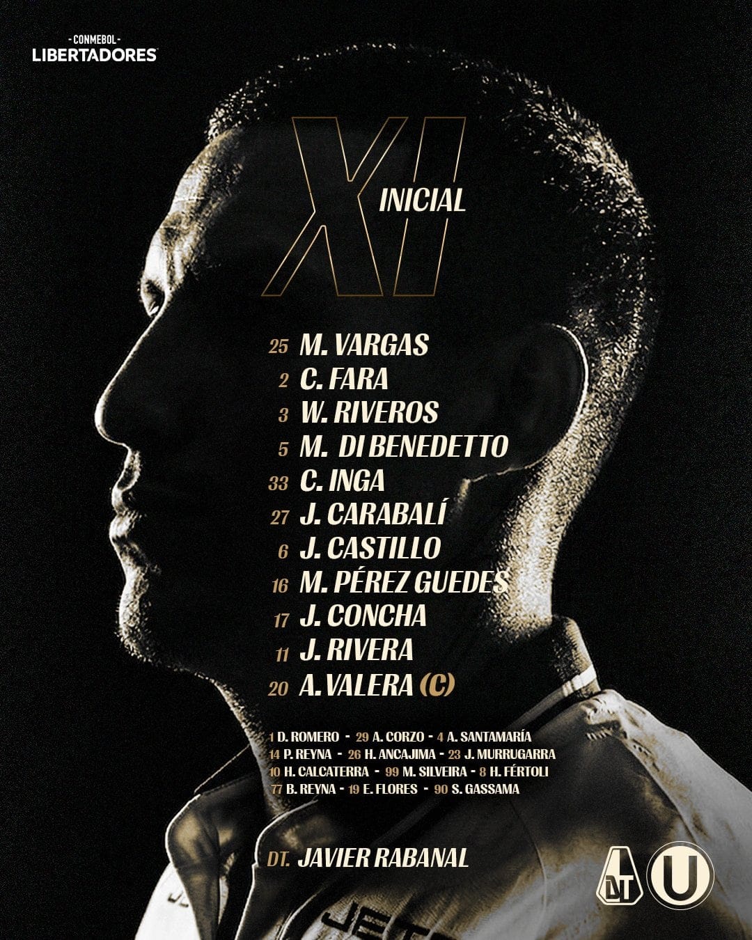 Once de Universitario para el duelo ante Tolima por la Copa Libertadores 2026.