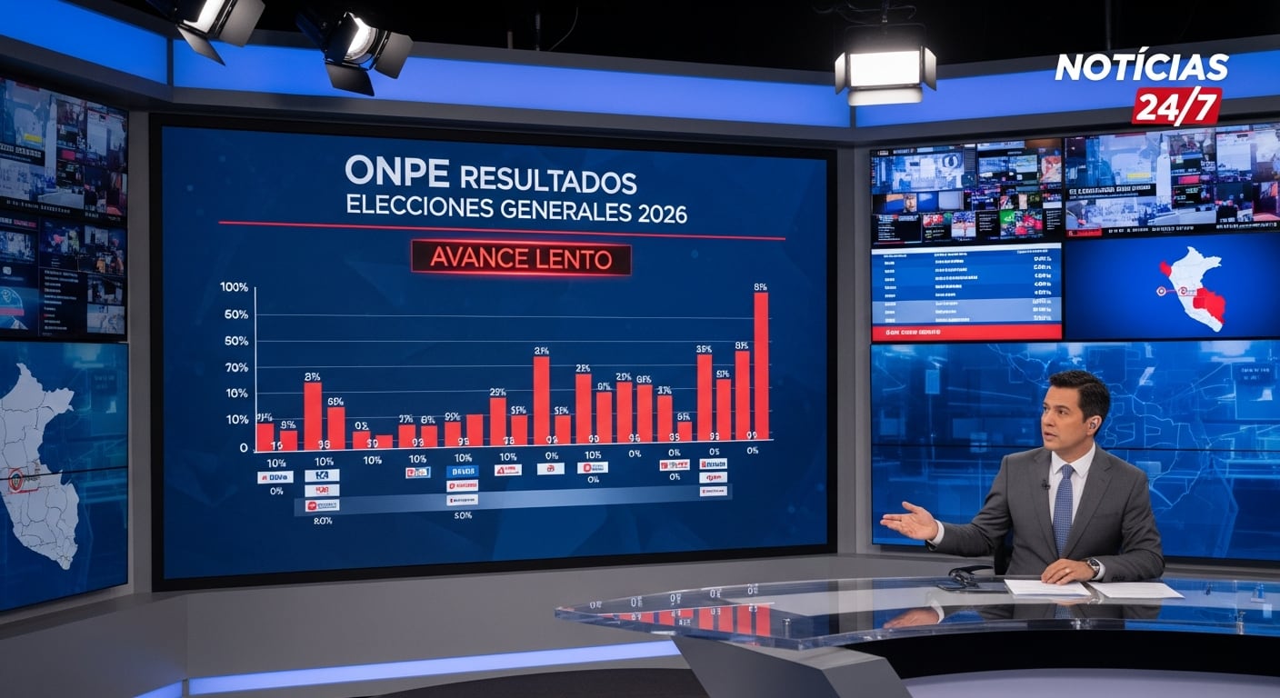 Un presentador de noticias informa sobre el lento avance de los resultados de las Elecciones Generales 2026 de la ONPE, con gráficos mostrando los porcentajes en pantalla. (Imagen Ilustrativa Infobae)