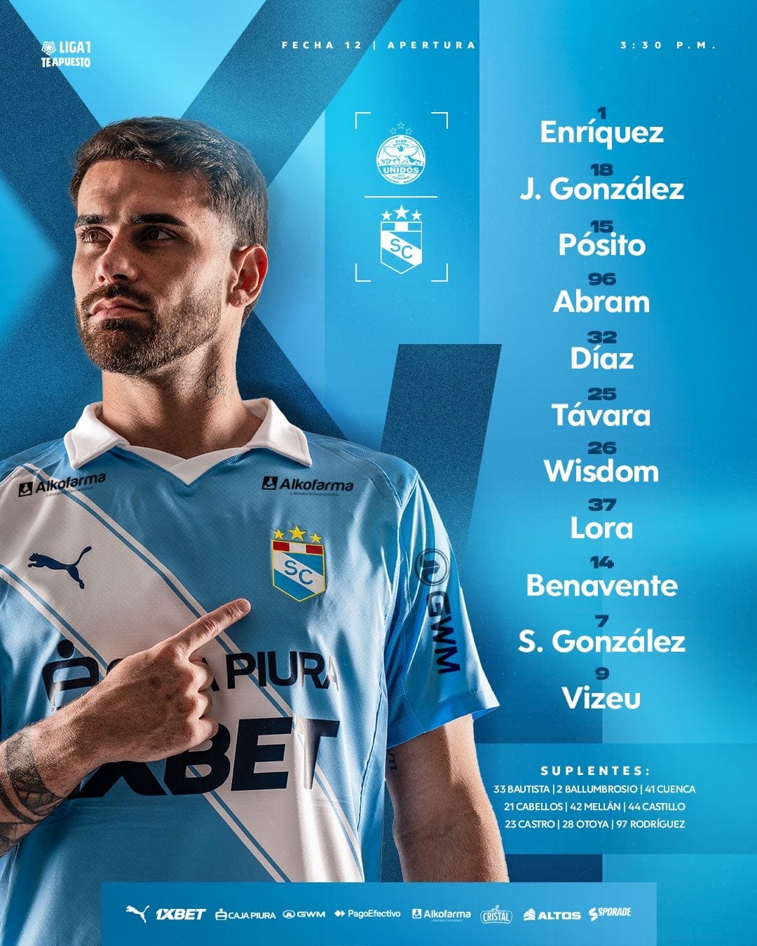 Alineación confirmada de Sporting Cristal para medirse con Comerciantes Unidos.