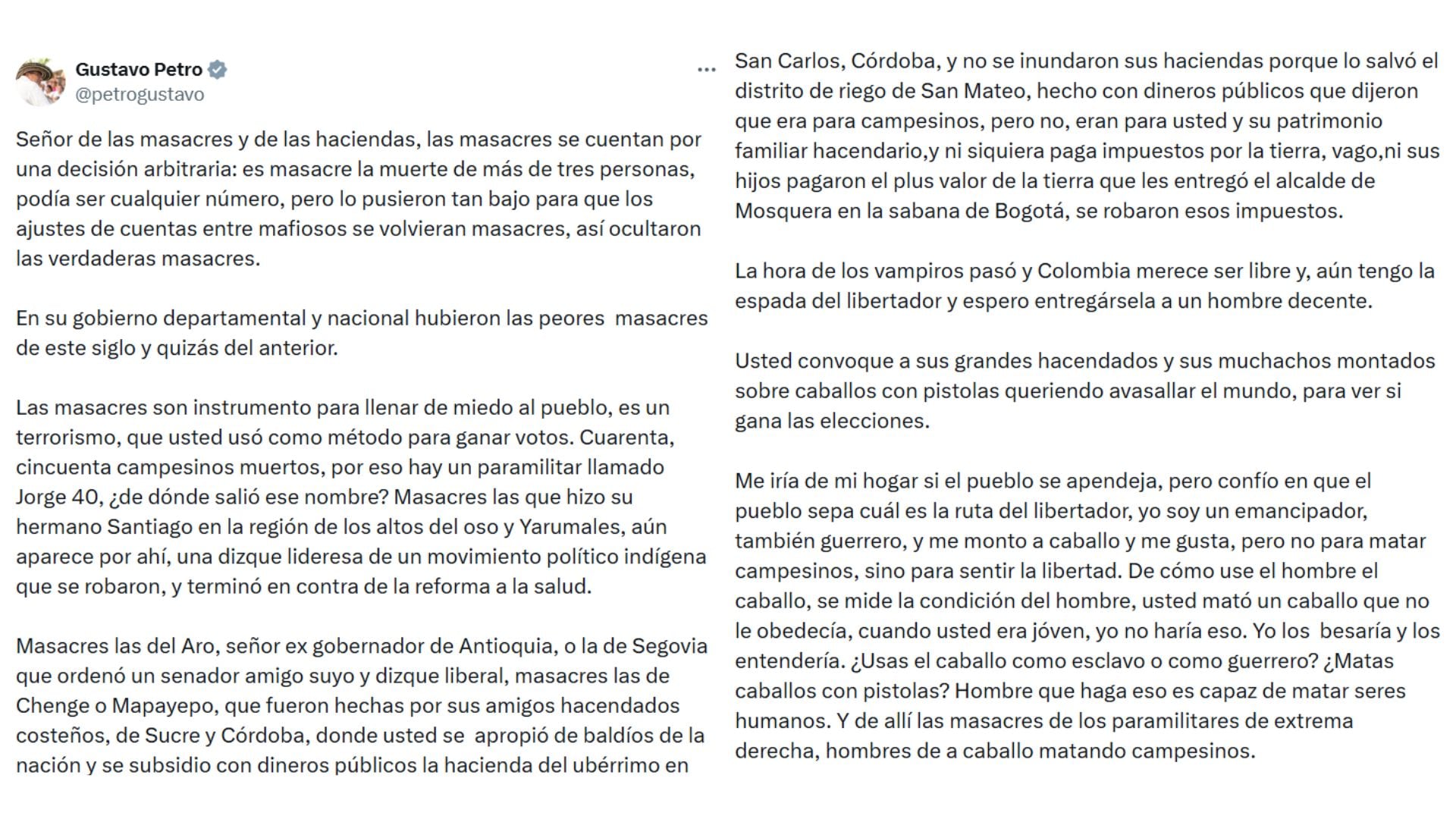 Gustavo Petro señala responsabilidades históricas en hechos violentos y cuestionando decisiones políticas de gobiernos pasados. - crédito @petrogustavo/X