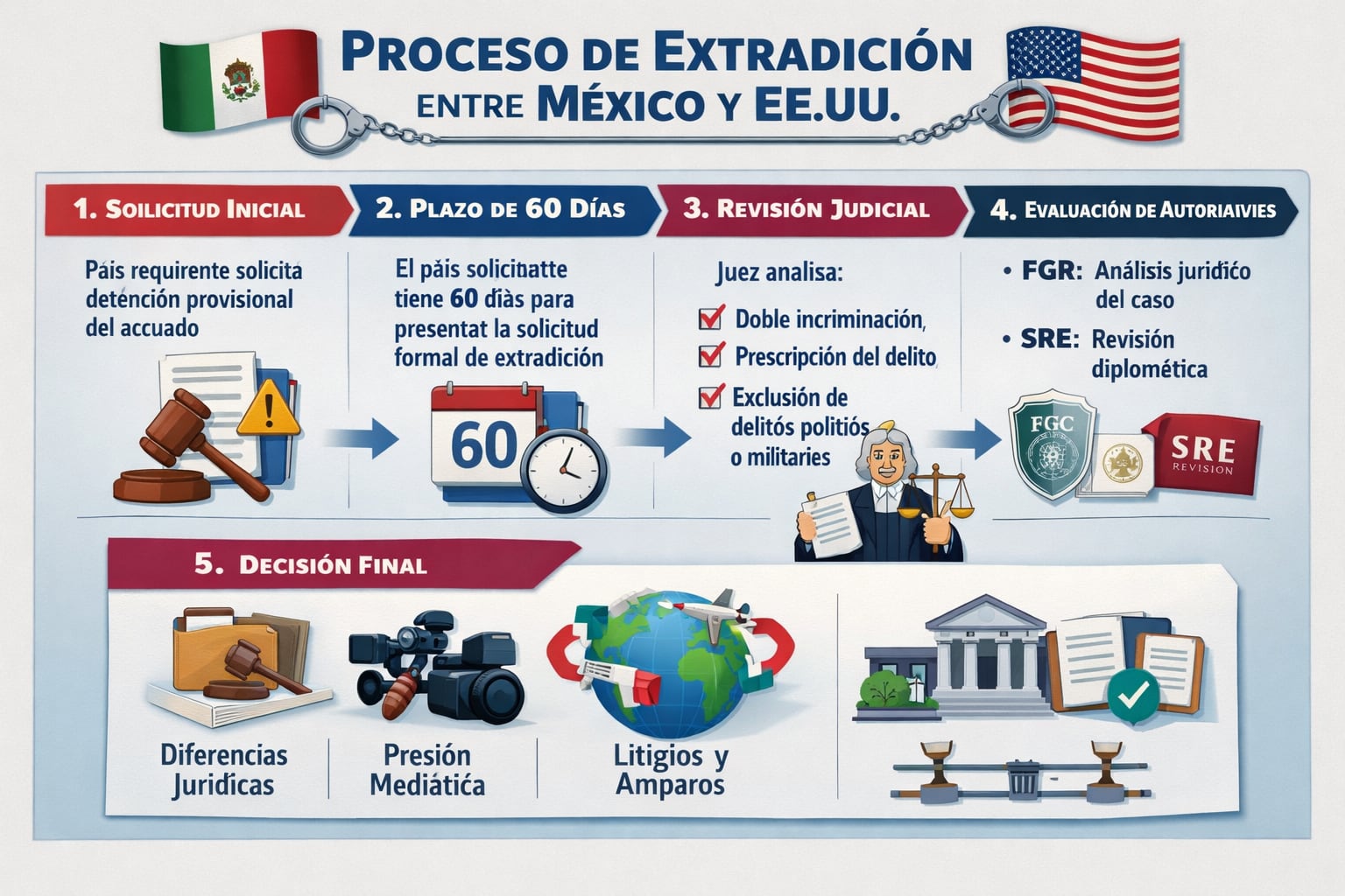 Estas son las etapas del proceso de extradición entre México y Estados Unidos, desde la solicitud inicial hasta los factores que influyen en la decisión final