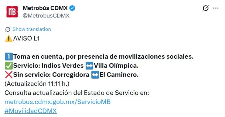 Avance en tiempo real de las diversas líneas de la red de transporte público capitalino. (TW MB CDMX)
