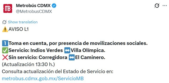 Avance en tiempo real de las diversas líneas de la red de transporte público capitalino. (TW MB CDMX)
