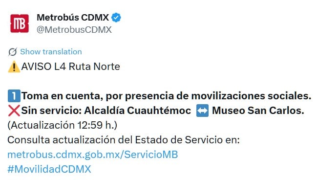 Avance en tiempo real de las diversas líneas de la red de transporte público capitalino. (TW MB CDMX)