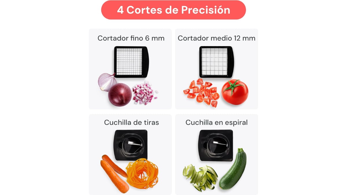 El picador de verduras permite realizar cortes de diferentes tamaños y formas.