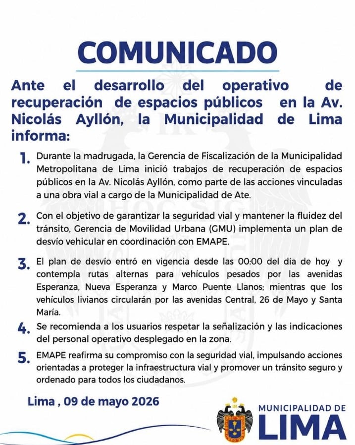 Emape anunció un plan de desvíos tras la recuperación de espacios públicos - Créditos: Municipalidad de Lima.