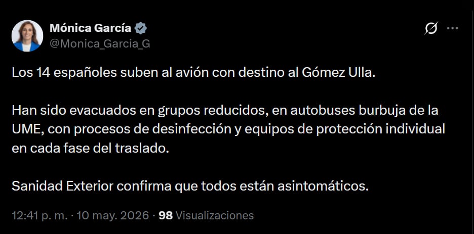 Publicación de la ministra de Sanidad, Mónica García, desde su perfil de X, confirmando que los españoles del MV Hondius ya están en el avión dirección Madrid. (X/Monica_Garcia_G)