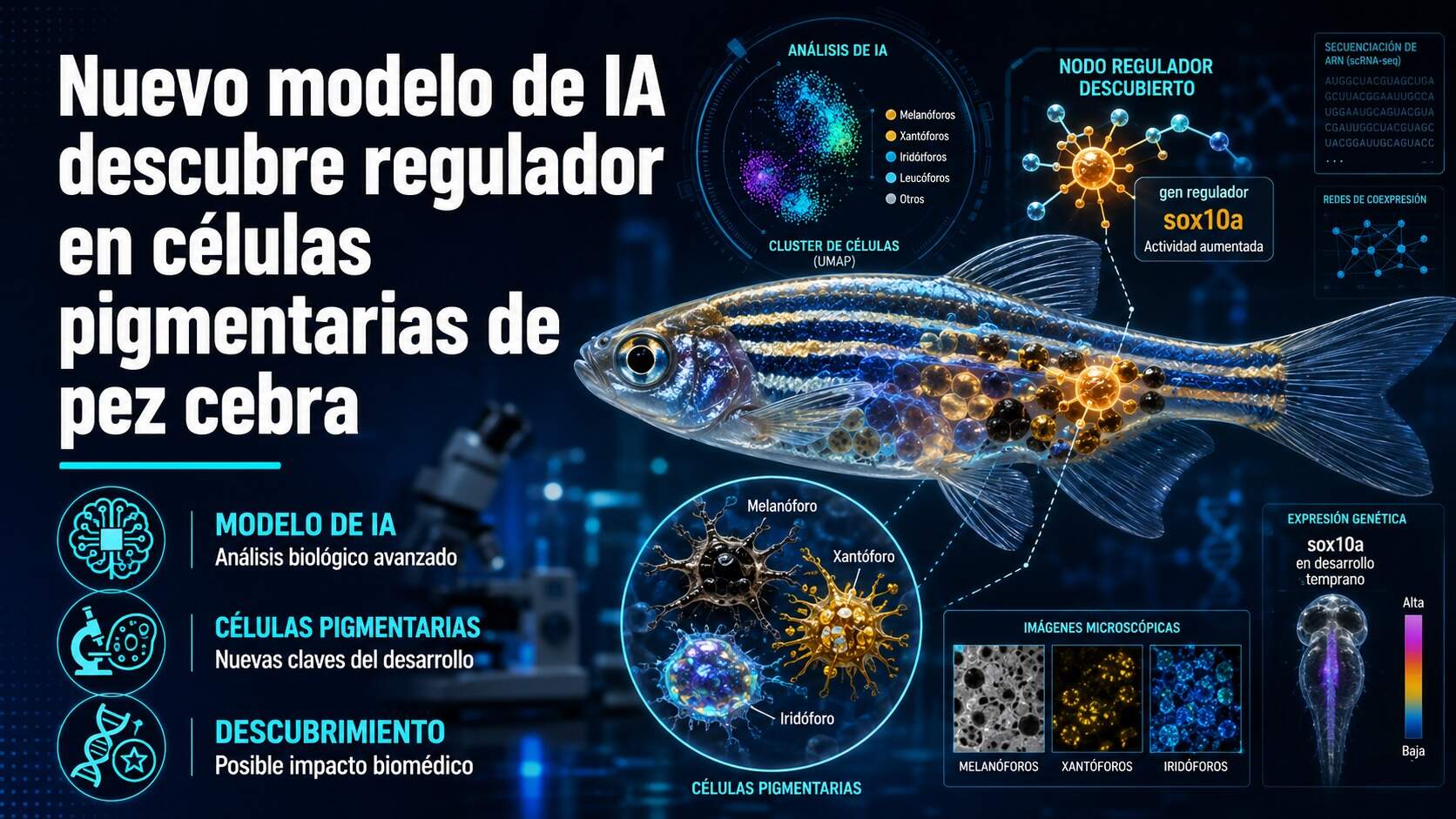 Nuevo modelo de IA descubre regulador en células pigmentarias de pez cebra