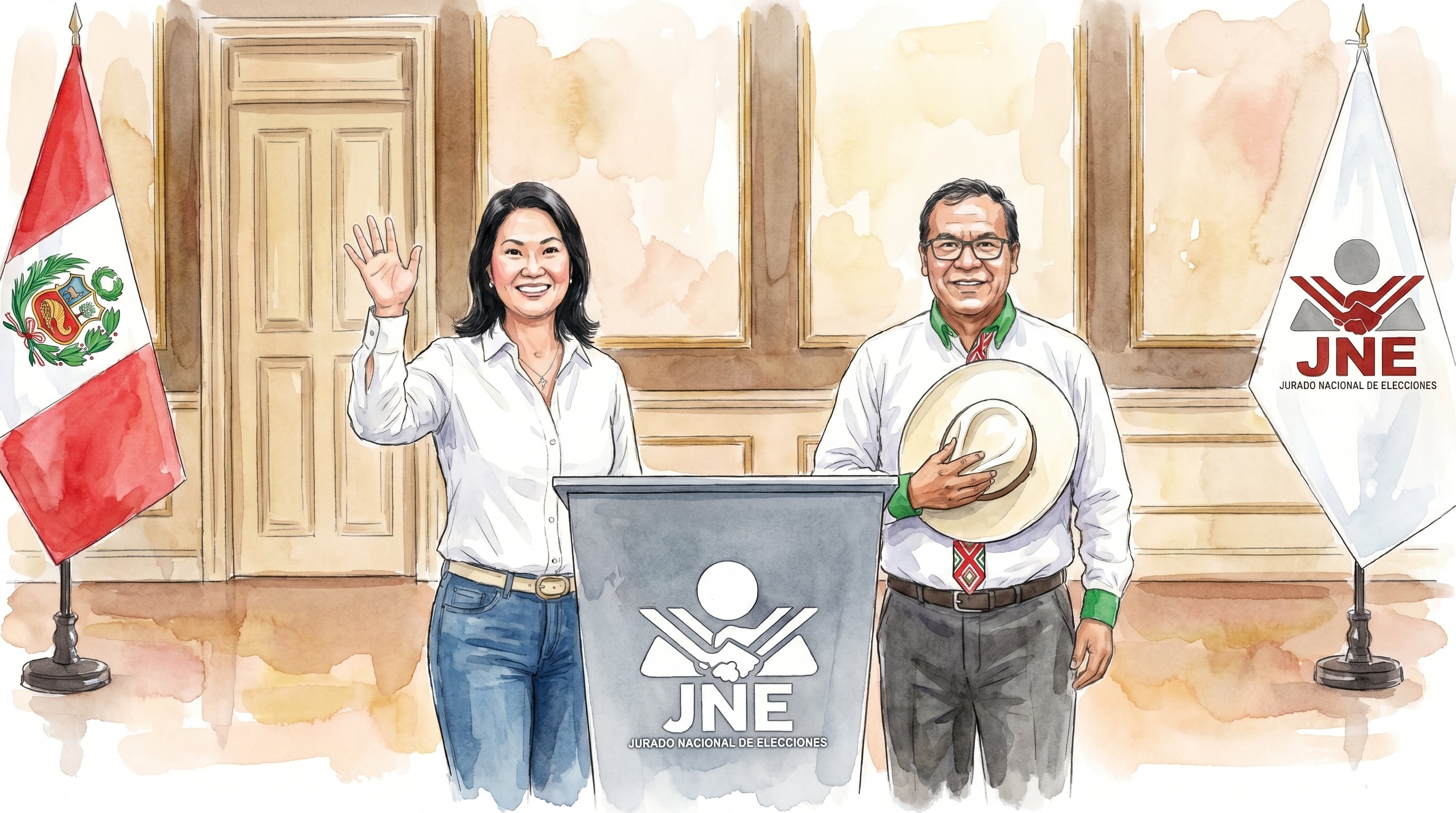 Ilustración acuarela de Keiko Fujimori y Roberto Sánchez en el Jurado Nacional de Elecciones para su proclamación como ganadores de la primera vuelta electoral en Perú. (Imagen Ilustrativa Infobae)