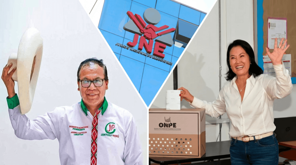 El collage muestra a Roberto Sánchez sosteniendo un sombrero, a Keiko Fujimori votando en una urna de ONPE y al edificio del Jurado Nacional de Elecciones (JNE), reflejando el proceso electoral peruano con sus principales actores. (Imagen Ilustrativa Infobae)