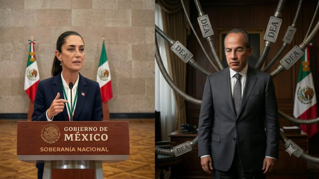 Claudia Sheinbaum durante su conferencia maturina, mientras Felipe Calderón es retratado en una imagen alusiva a la influencia de la DEA en asuntos nacionales. (Imagen Ilustrativa Infobae)