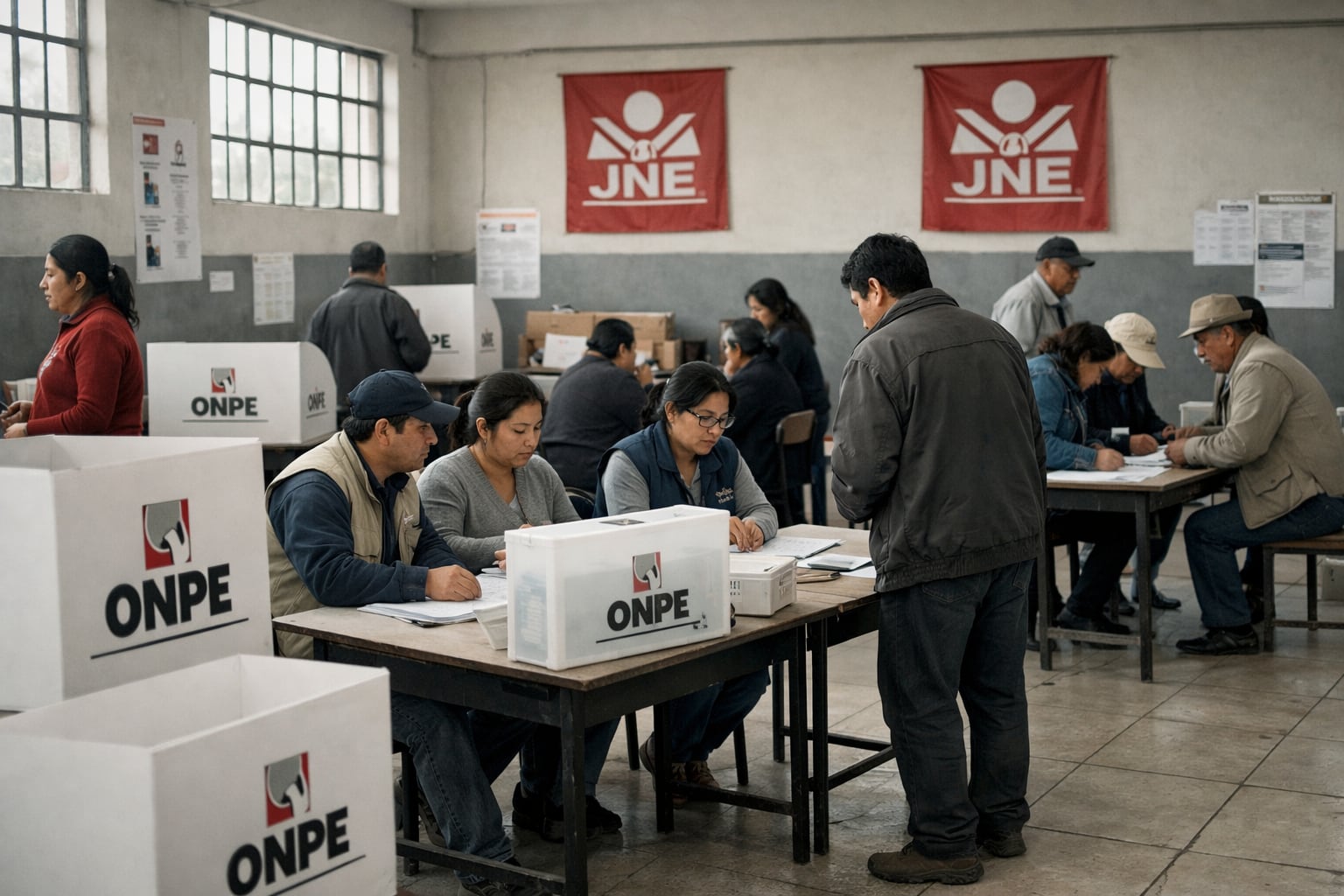 Una amplia escena muestra mesas de votación y cabinas de la ONPE en un centro electoral durante la jornada nacional en Perú, con votantes y miembros de mesa concentrados en sus labores. (Imagen Ilustrativa Infobae)