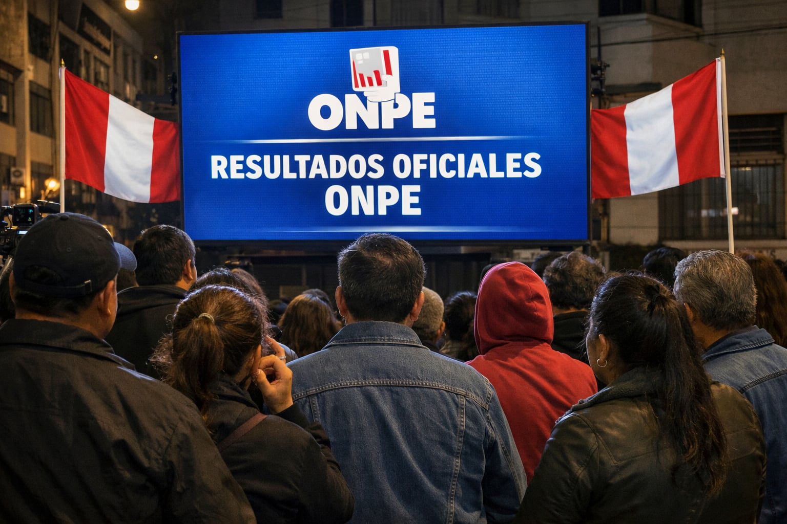 Ciudadanos peruanos se congregan expectantes frente a una pantalla gigante que muestra los resultados oficiales de las elecciones presidenciales emitidos por la ONPE, en medio de la incertidumbre por el conteo de votos. (Imagen Ilustrativa Infobae)