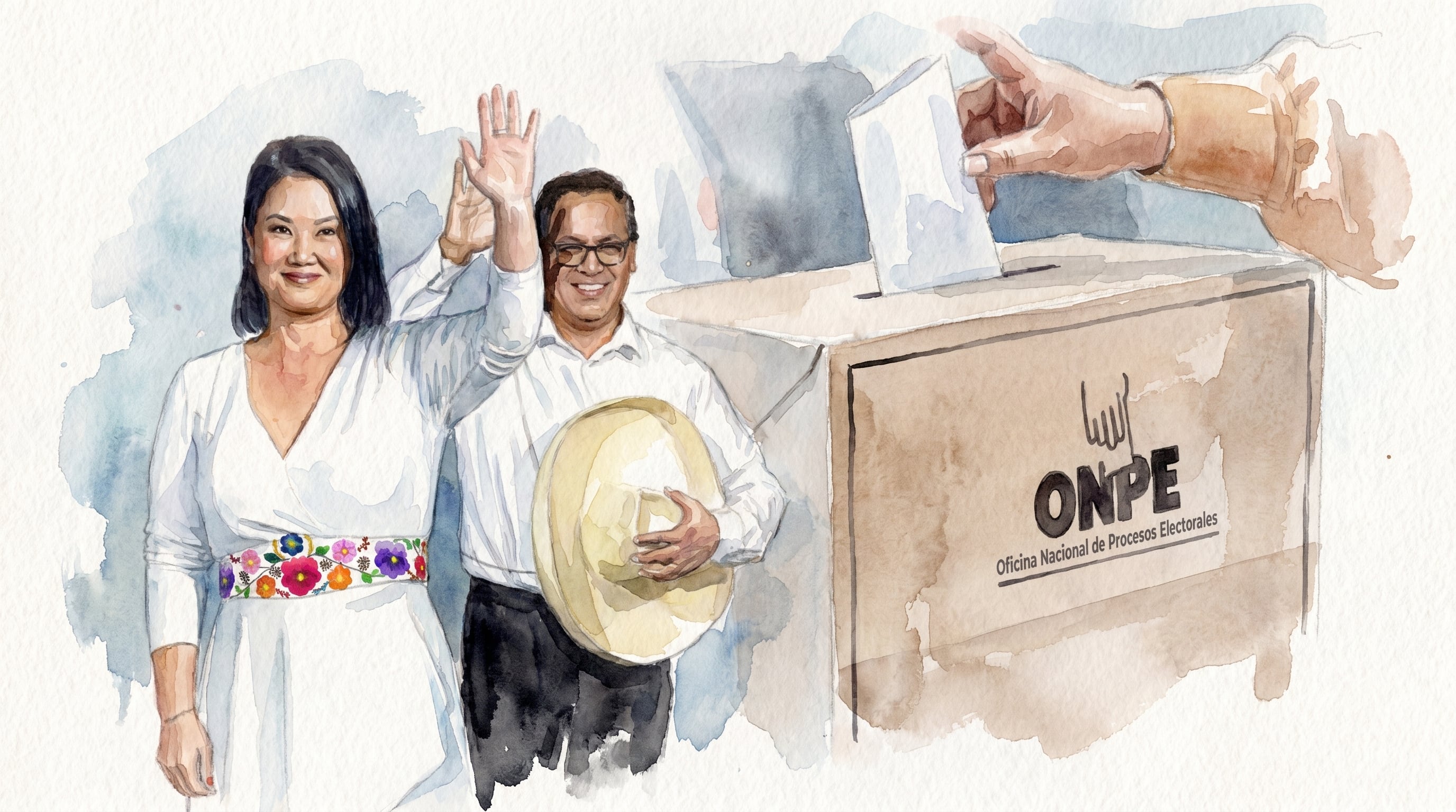 Una ilustración en acuarela muestra a Keiko Fujimori y Pedro Castillo saludando, con una mano depositando un voto en un ánfora de la ONPE al fondo. (Imagen Ilustrativa Infobae)