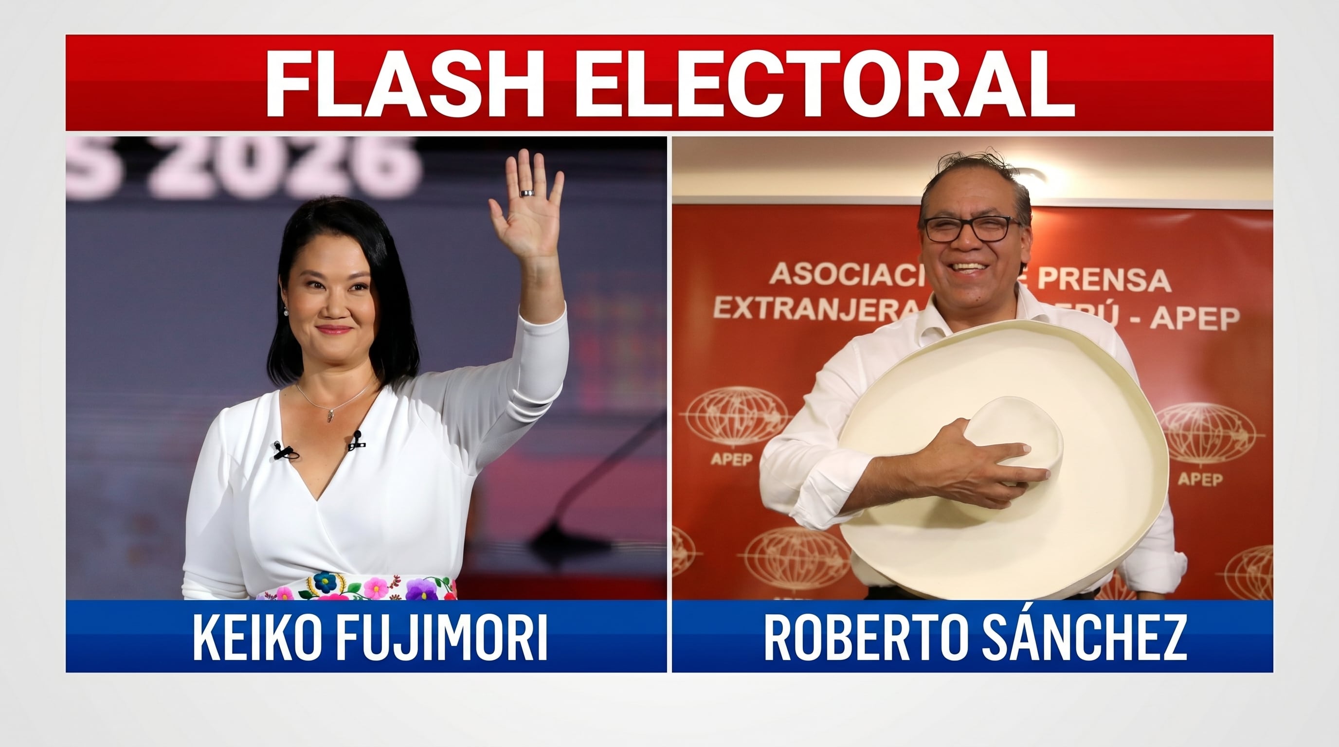 Esta foto compuesta presenta a Keiko Fujimori saludando y Roberto Sánchez sonriendo con un sombrero, reflejando el flash electoral de las recientes elecciones peruanas sin porcentajes. (Imagen Ilustrativa Infobae)