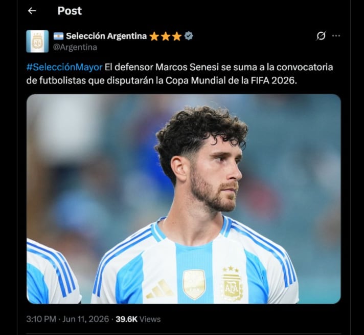 Argentina informó la convocatoria de Senesi para el Mundial