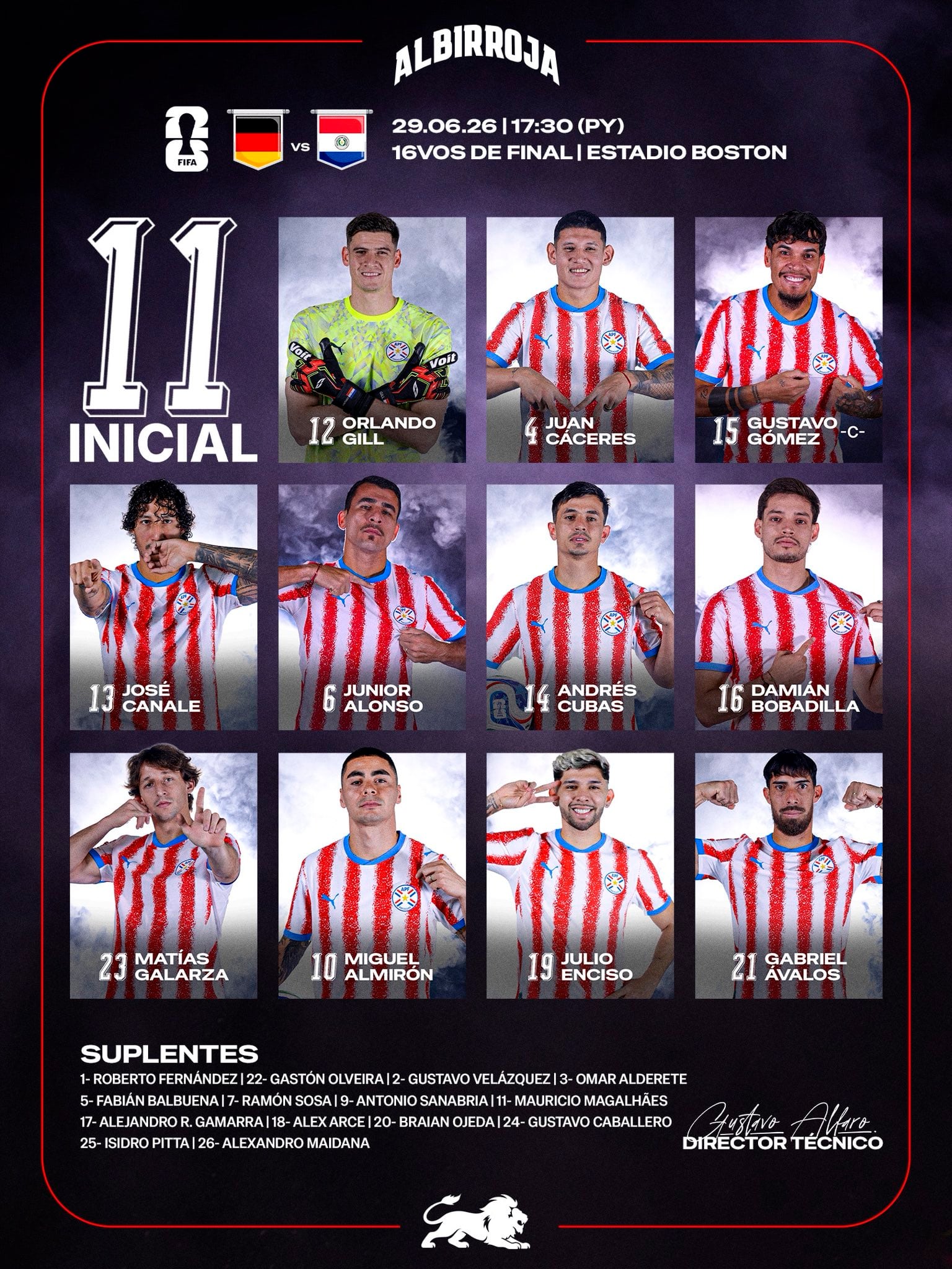 La formación de Paraguay para jugar contra Alemania (X: @Albirroja)