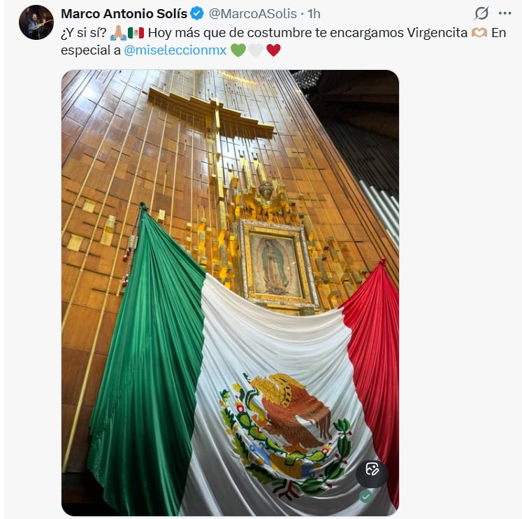 El cantante Marco Antonio Solís publica una imagen de la Virgen de Guadalupe y la bandera mexicana al pedir por la victoria de la selección de fútbol de México. (@MarcoASolis)