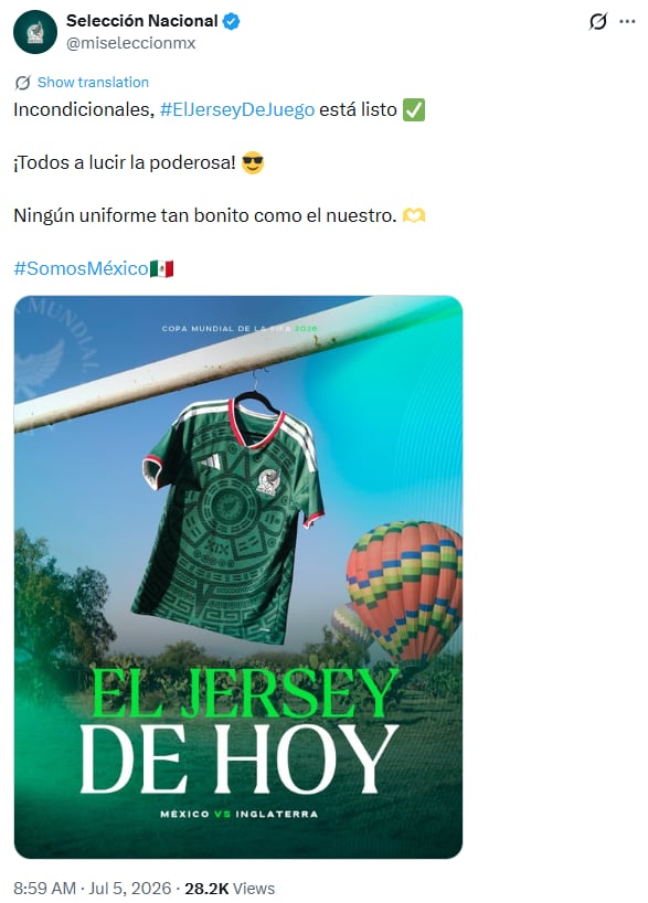 La Selección de México difunde el jersey oficial de juego, de color verde con patrones circulares, para el encuentro contra Inglaterra en la Copa Mundial de la FIFA 2026. (@miseleccionmx)