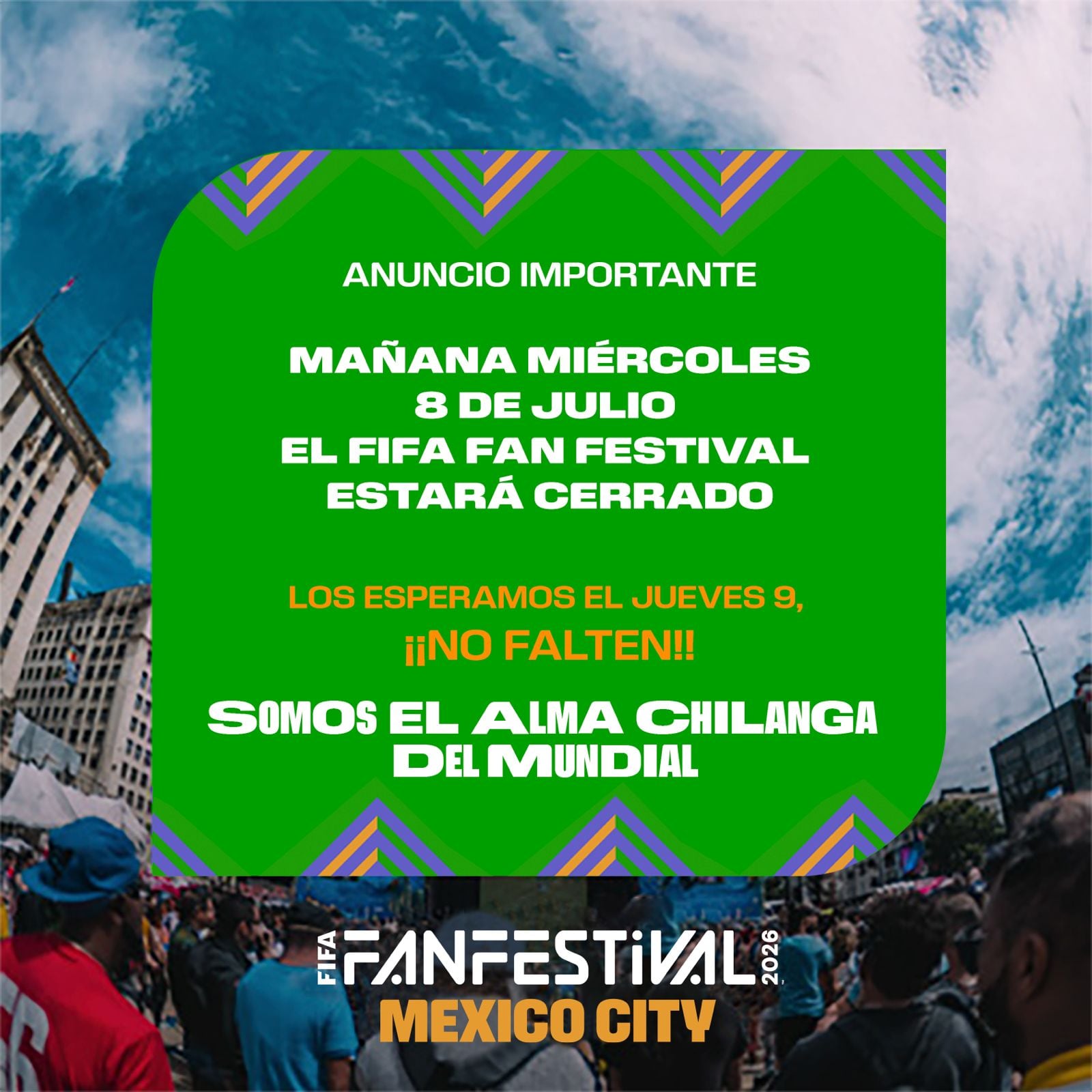 Un día de descanso oficial en el Mundial 2026 mantiene cerrado este miércoles el FIFA Fan Festival del Zócalo. (X/ @MexicoCity26)