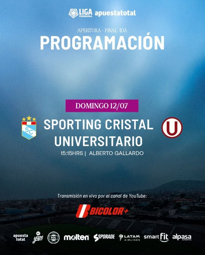 Sporting Cristal recibirá a Universitario este 12 de julio en el Alberto Gallardo por la ida de la final del Apertura femenino 2026. Las celestes buscarán tomar ventaja ante el líder invicto del torneo. (Liga Femenina)