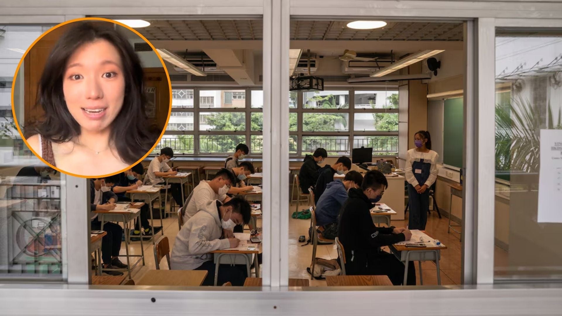 Estudiantes en un examen de secundaria en Hong Kong, China. (EFE/Montaje Infobae)