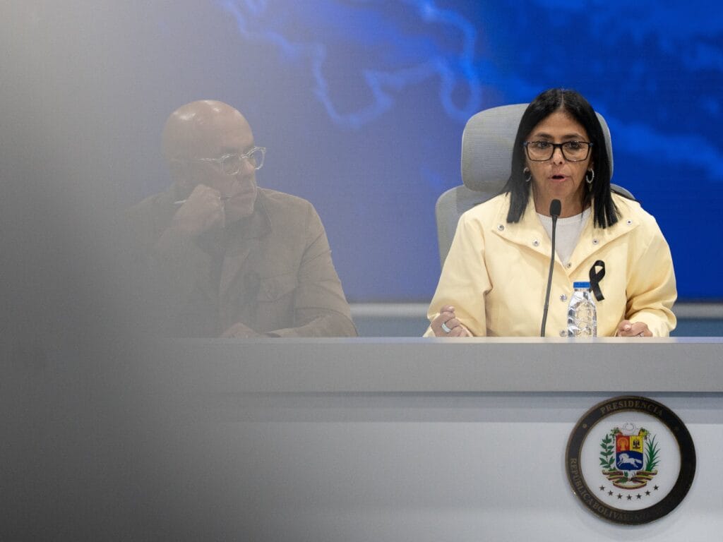 Delcy Rodríguez durante una rueda de prensa, en Caracas, el 2 de julio.