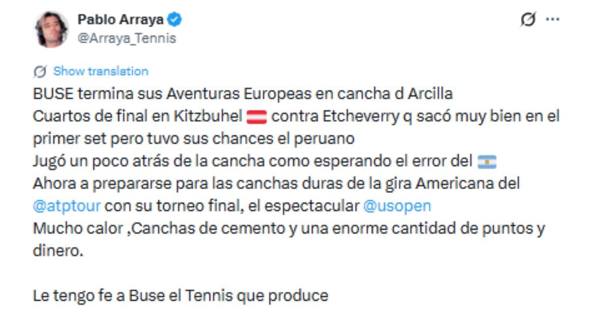 Pablo Arraya habló sobre la derrota de Ignacio Buse ante Tomás Etcheverry. Créditos: X.