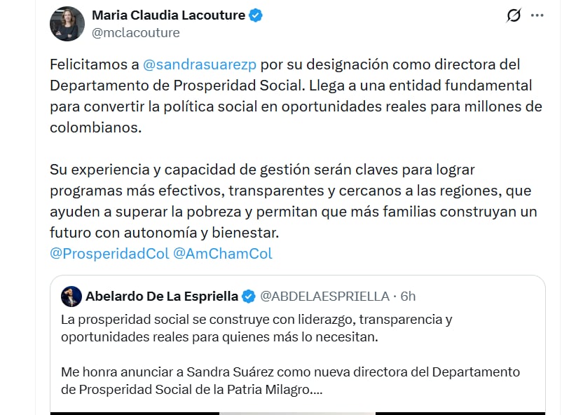 Lacouture felicitó a Suárez por el cargo que ocupará en el gobierno De la Espriella - crédito @mclacouture/X