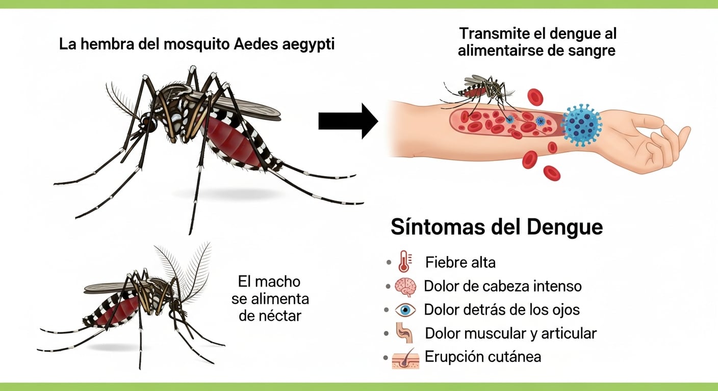 Infografía detalla cómo la hembra del mosquito Aedes aegypti transmite el dengue al alimentarse de sangre, distinguiéndola del macho, y lista los síntomas clave de la enfermedad. (Imagen Ilustrativa Infobae)