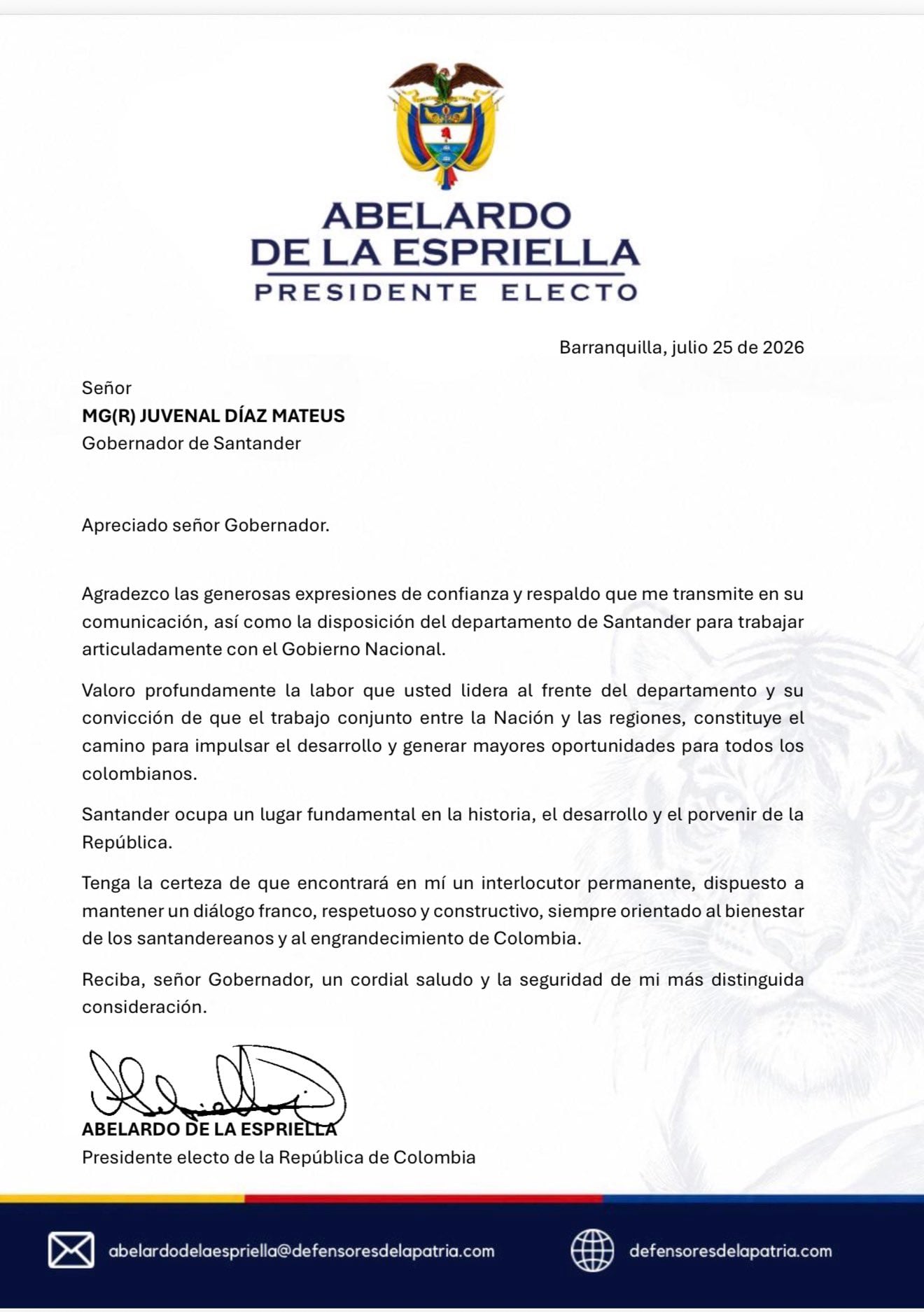 El presidente electo emitió un mensaje para los santandereanos - crédito Prensa Abelardo de la Espriella
