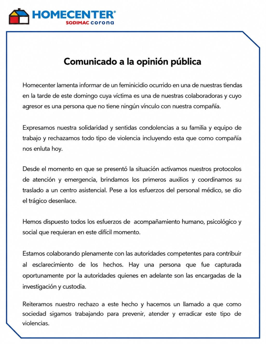 Homecenter expresó sus condolencias, rechazó el crimen y aseguró que brinda acompañamiento a la familia mientras colabora con las autoridades. - crédito Homecenter