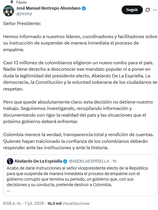 El vicepresidente electo afirmó que, a pesar de la decisión, seguirían trabajando por el país - crédito @jrestrp/X