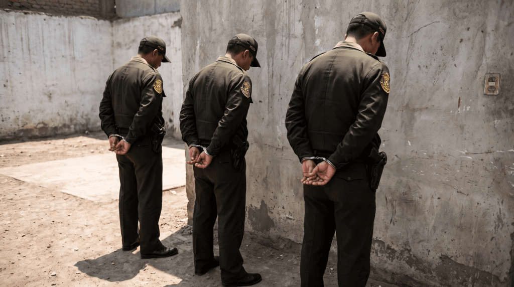 Tres policías peruanos permanecen de espaldas y esposados, contra una pared de concreto en un espacio exterior. (Imagen Ilustrativa Infobae)