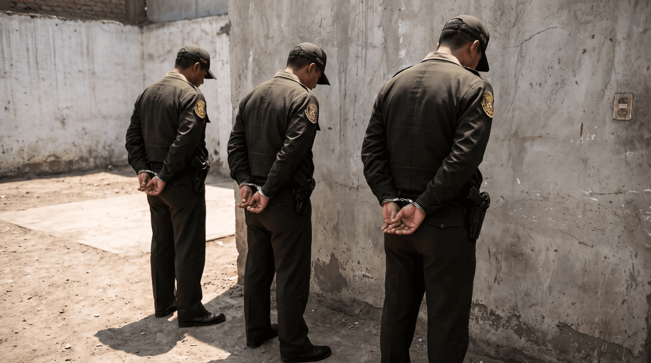 Tres policías peruanos permanecen de espaldas y esposados, contra una pared de concreto en un espacio exterior. (Imagen Ilustrativa Infobae)