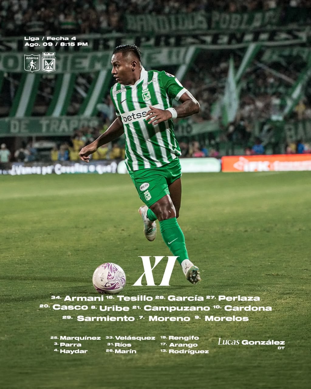 Atlético Nacional y su formación titular para el partido ante América de Cali - crédito Atlético Nacional