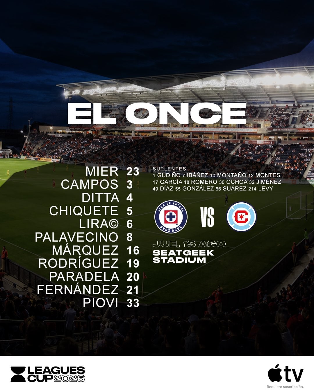 El once inicial de La Máquina para el partido frente al Chicago Fire. (X/ @CruzAzul)