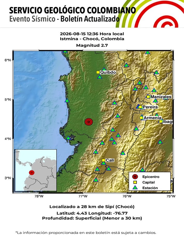 Informe del Servicio Geológico Colombiano sobre el sismo de magnitud 2,7 registrado este 15 de agosto en Istmina, Chocó, a una profundidad superficial - crédito SGC