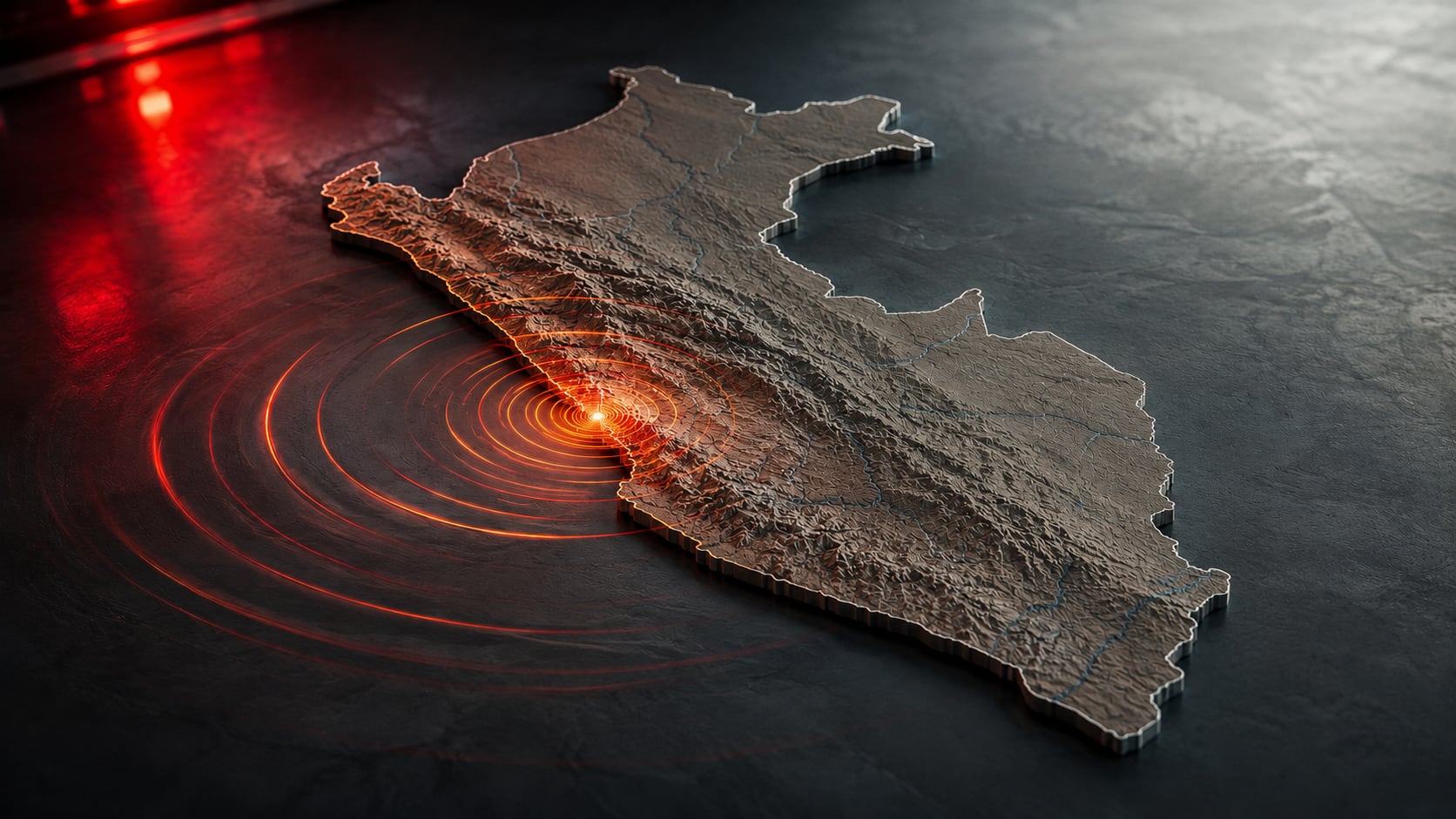 Un mapa en relieve de Perú ilustra la actividad sísmica con un epicentro localizado en la costa occidental del país y círculos concéntricos de energía. (Imagen Ilustrativa Infobae)