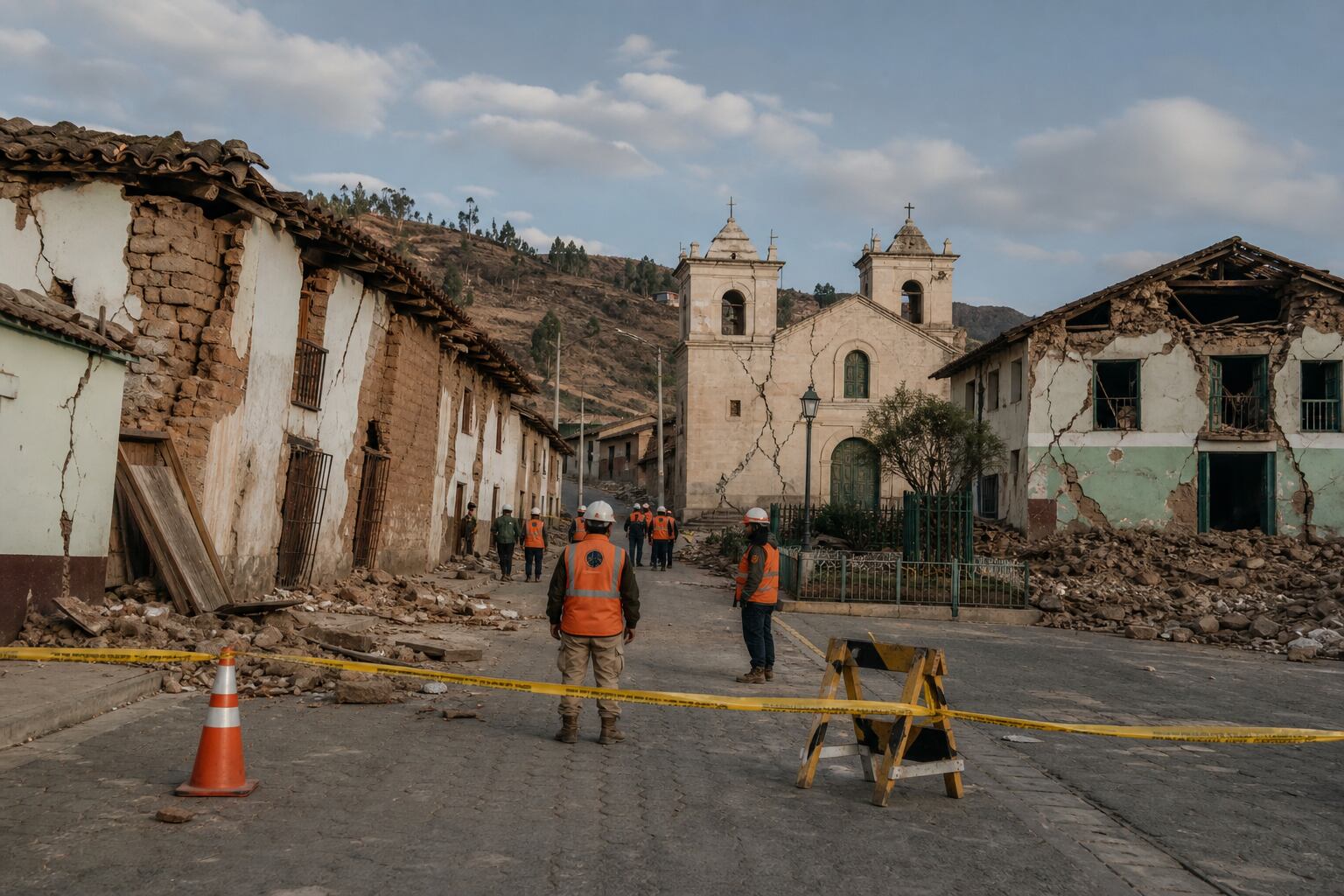 Personal de defensa civil inspecciona una calle con viviendas e iglesia dañadas por un terremoto en la región de Ayacucho, Perú. (Imagen Ilustrativa Infobae)