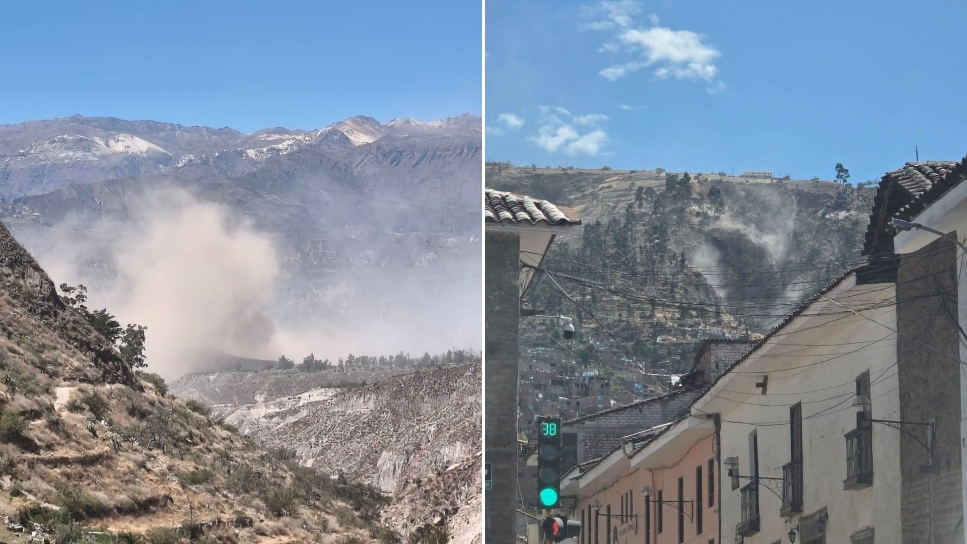 Nubes de polvo se elevan sobre zonas montañosas en Ayacucho, Perú, indicando deslizamientos de tierra tras el sismo de magnitud 7.2.