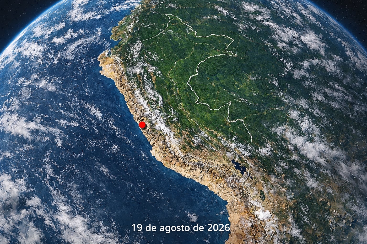 Un mapa satelital del Perú muestra la región de Lima con un punto rojo, con la fecha del 19 de agosto de 2026 visible en el margen inferior de la imagen. (Imagen Ilustrativa Infobae)