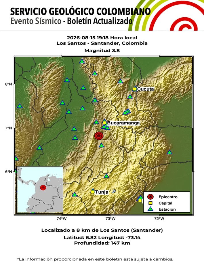 Un sismo de 3,8 se reportó en Santander, en la noche del 15 de agosto de 2026 - crédito SGC/X