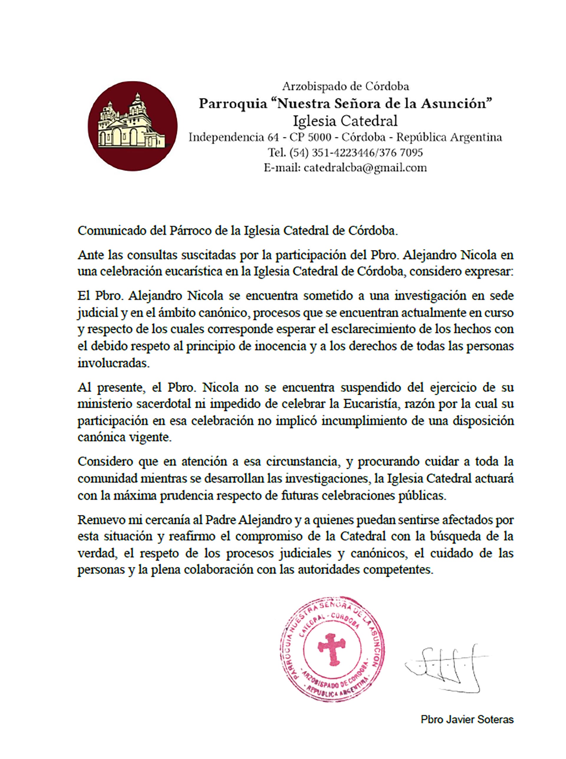 El comunicado del Arzobispado de Córdoba sobre la reaparición del cura Alejandro Nicola.