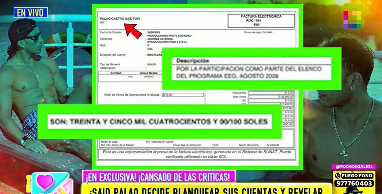 El participante de 'Esto es guerra' mostró un comprobante por S/ 35.400 por su participación en el programa durante agosto de 2026. Amor y Fuego.