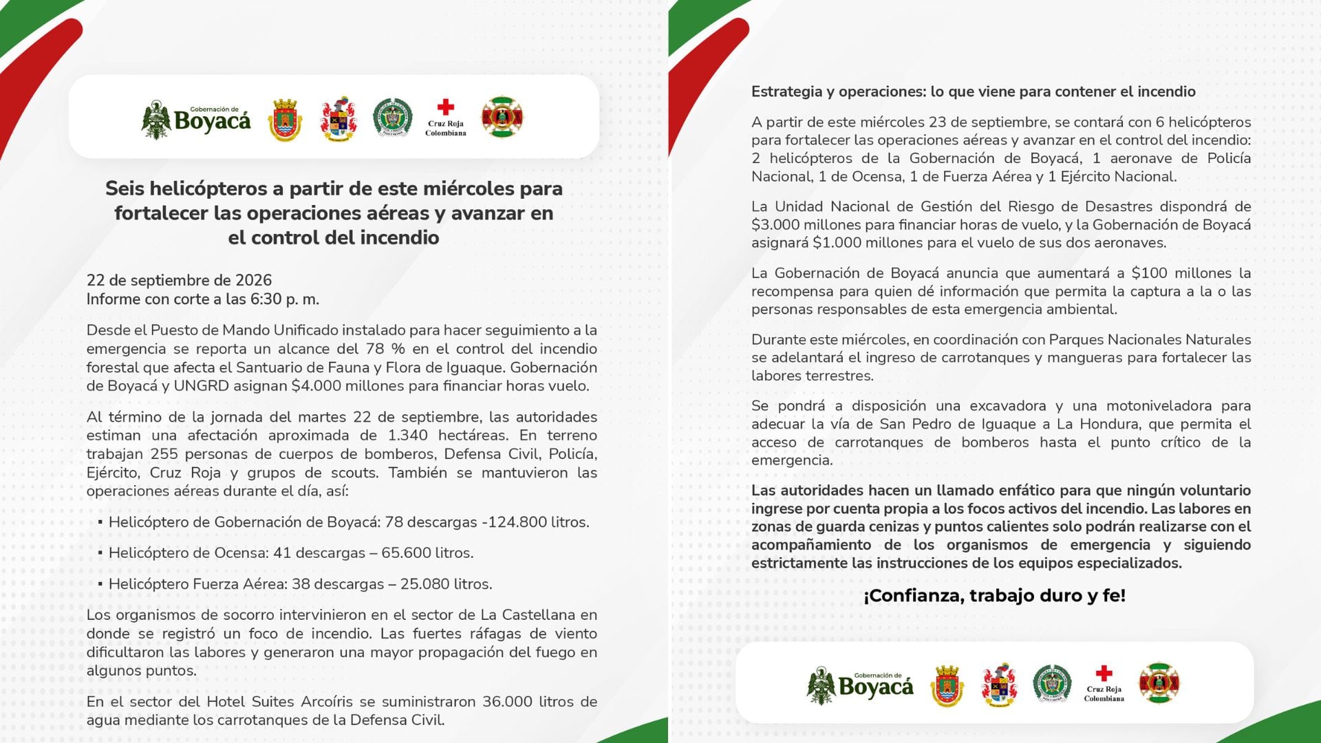 Gobernación de Boyacá informó que seis helicópteros reforzarán desde este miércoles las operaciones aéreas para avanzar en el control del incendio forestal en el Santuario de Fauna y Flora de Iguaque. - crédito @GobBoyaca/X