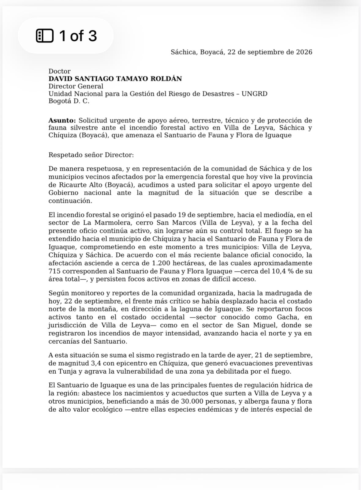 El incendio amenaza al Santuario de Fauna y Flora Iguaque porque el fuego ya se extendió hacia esa área protegida y alcanzó una parte de su superficie - crédito X