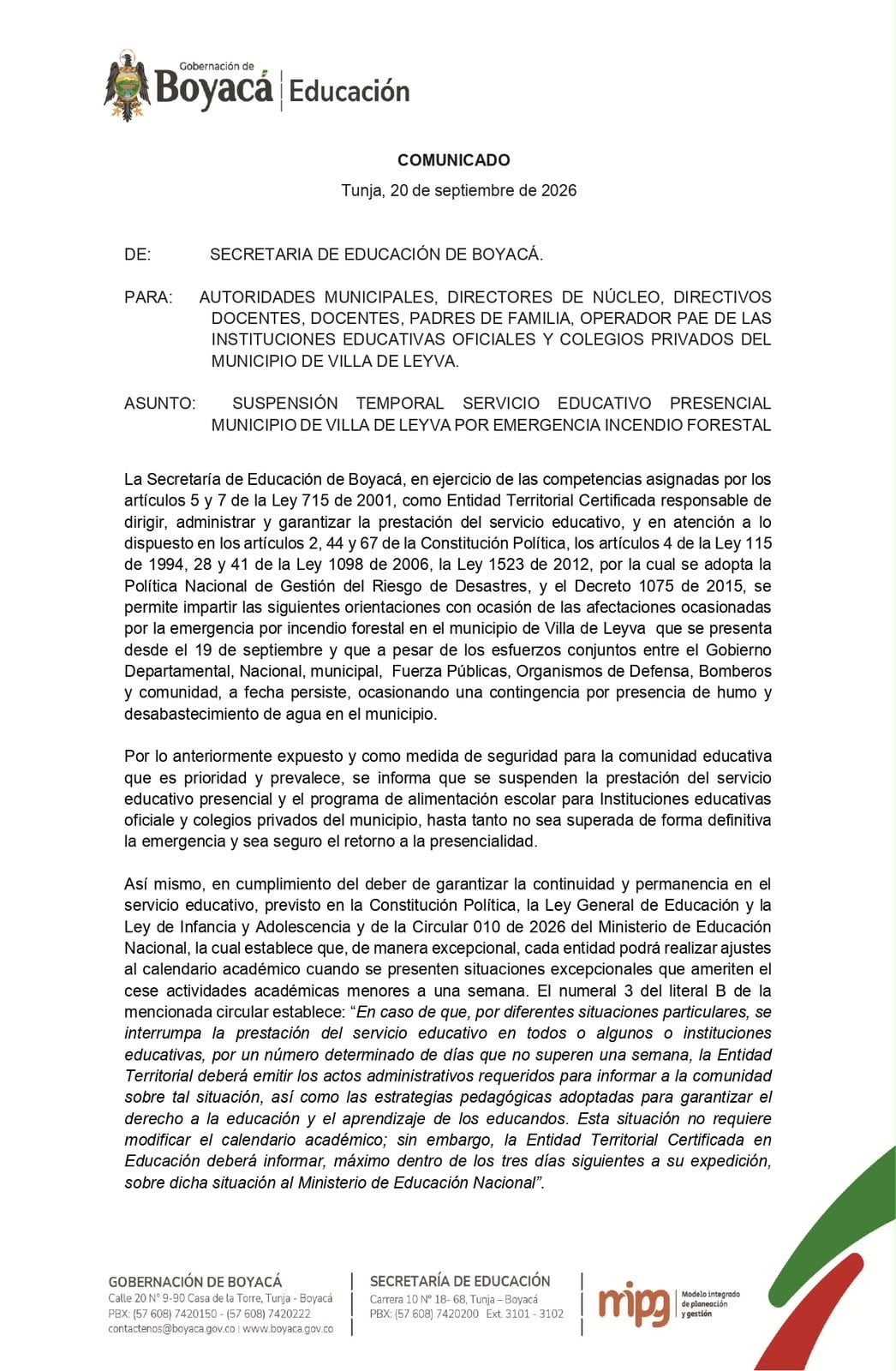 Las autoridades suspendieron las clases del lunes 21 de septiembre y habilitaron el coliseo municipal como centro de atención para afectados y organismos de socorro - crédito Secrearía de Educación de Boyacá-Gobernación de Boyacá/X