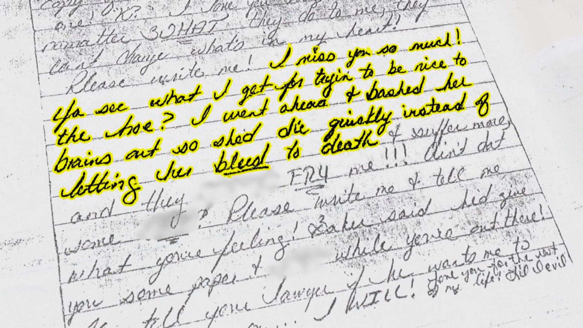 Nota manuscrita que Christa Pike le escribió a su cómplice Tadaryl Shipp tras ser condenada a muerte en 1996. En el texto, Pike se jacta del asesinato de Colleen Slemmer y se queja de su sentencia; con cinismo, argumenta que intentó